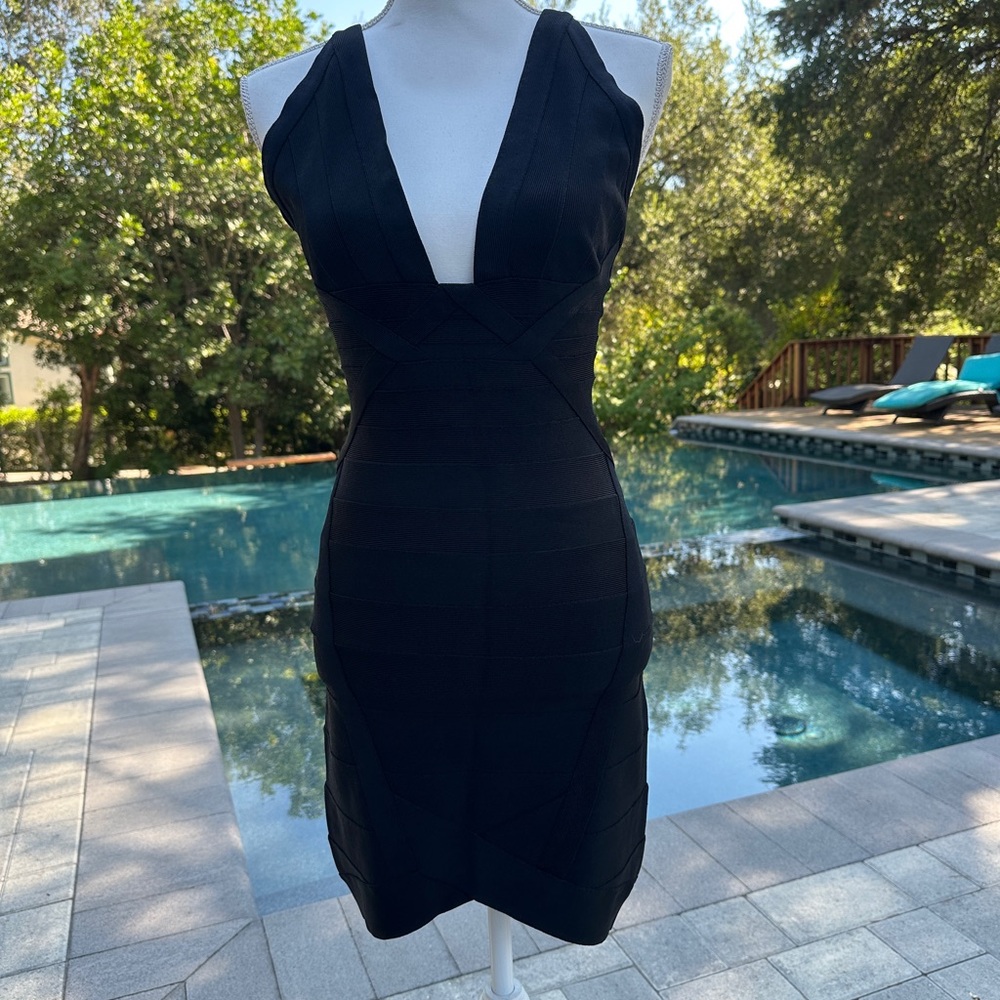 Herve Leger Black Plunging Neckline Dress